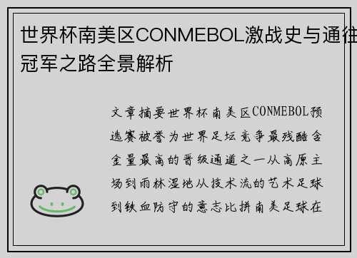 世界杯南美区CONMEBOL激战史与通往冠军之路全景解析